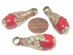 1 Pendant - Small medium sized Tibetan silver dyed coral drop pendant with floral design bail - PM592