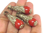 1 Pendant - Small medium sized Tibetan silver dyed coral drop pendant with floral design bail - PM592