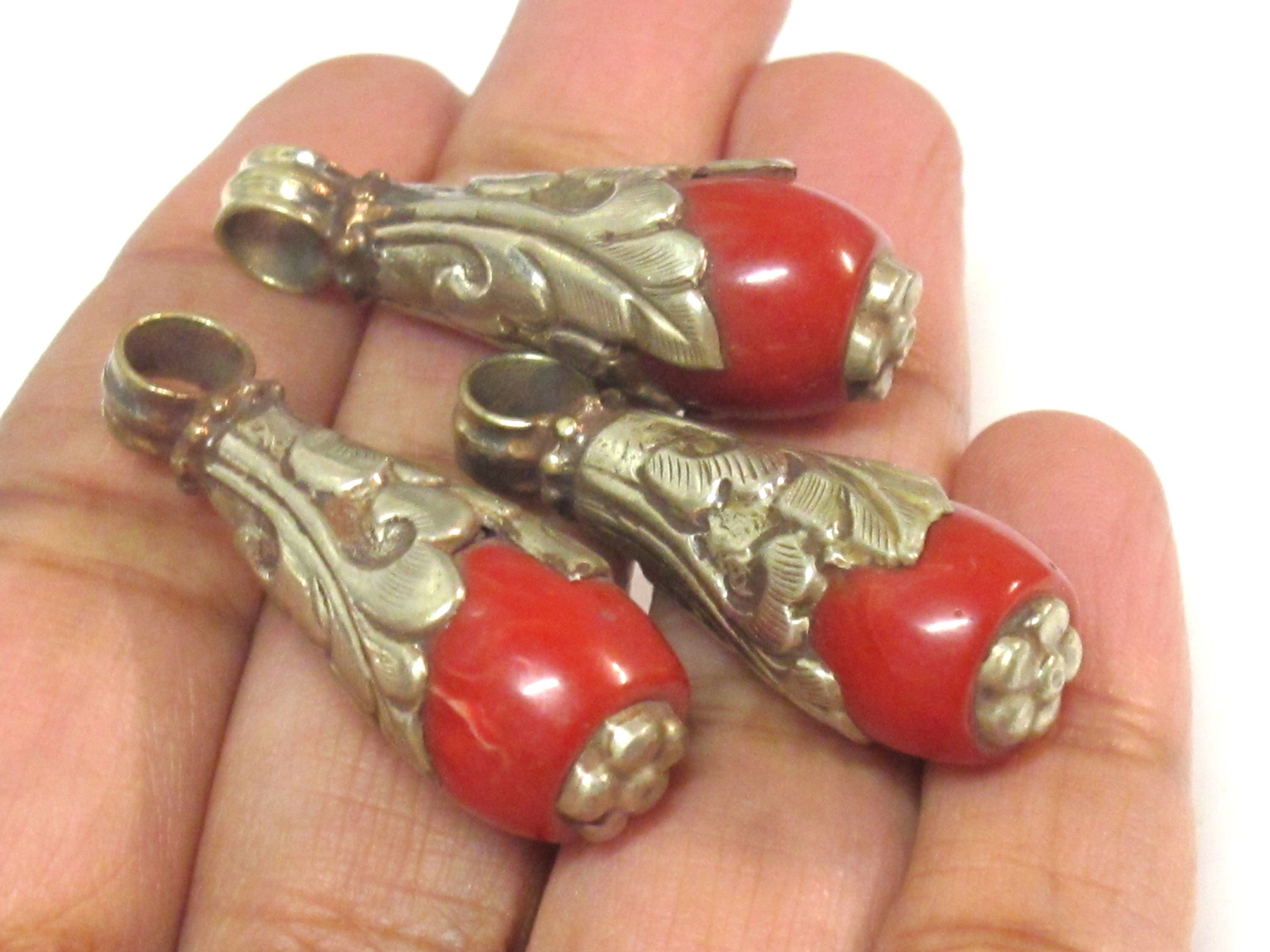 1 Pendant - Small medium sized Tibetan silver dyed coral drop pendant with floral design bail - PM592