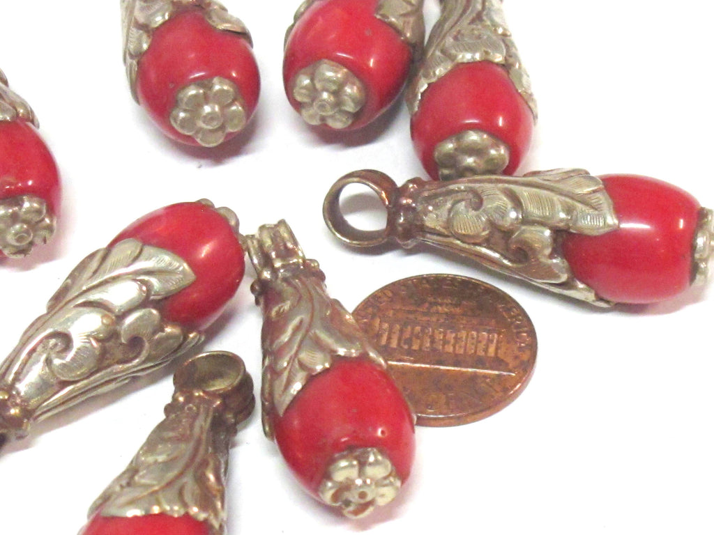 1 Pendant - Small medium sized Tibetan silver dyed coral drop pendant with floral design bail - PM592
