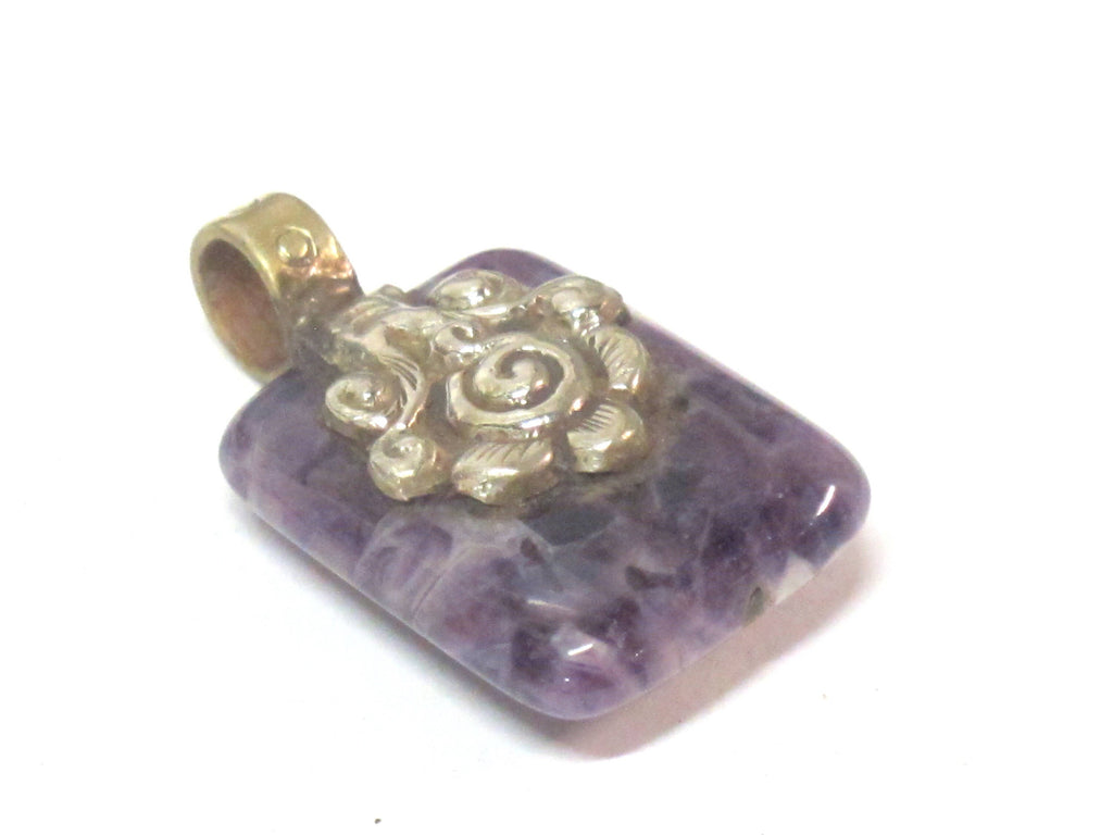 1 pendant - Reversible Ethnic Tibetan Nepal amethyst gemstone Pendant with floral bail carving - PM593