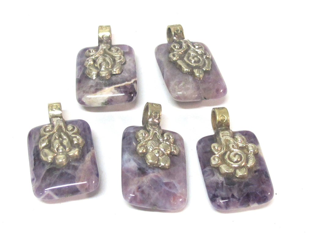 1 pendant - Reversible Ethnic Tibetan Nepal amethyst gemstone Pendant with floral bail carving - PM593
