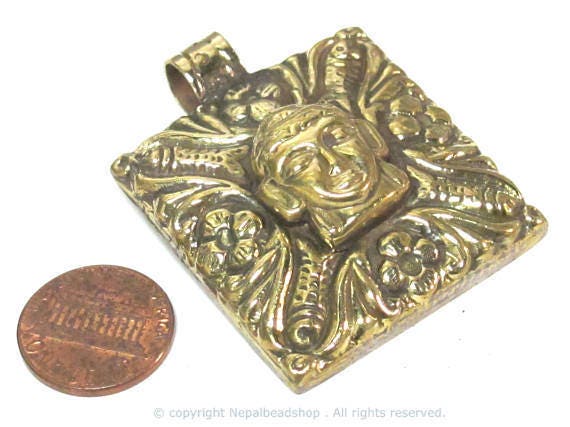 1 pendant - Tibetan buddha pendant - square shape Buddha pendant antiqued golden color phoenix eagle bird carving on other side - PM589C