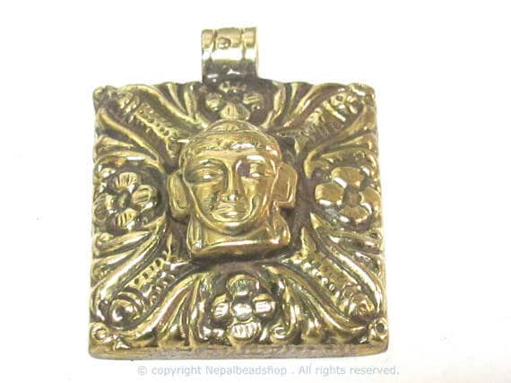 1 pendant - Tibetan square shape Buddha pendant antiqued golden color with floral animal mix design on other side - PM589A