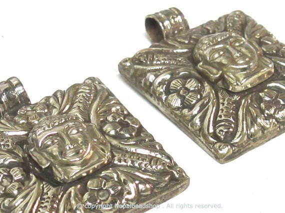 1 pendant - Tibetan silver square shape Buddha pendant detailed carving with floral design on other side - PM588A Copyright Nepalbeadshop