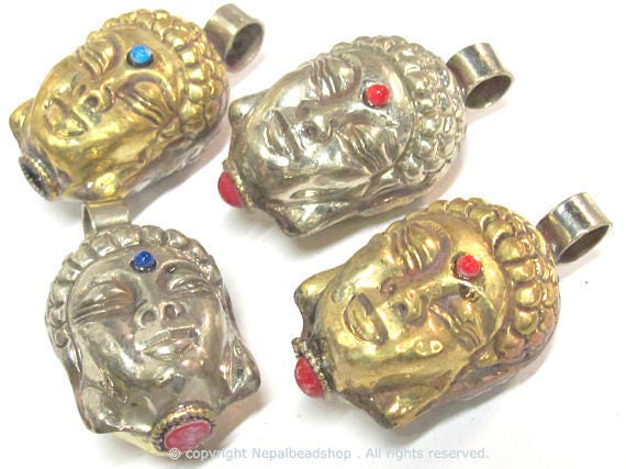 1 Pendant - Reversible dual sided two tone antiqued golden brass silver Tibetan Buddha pendant from Nepal-- PM584 Copyright Nepalbeadshop