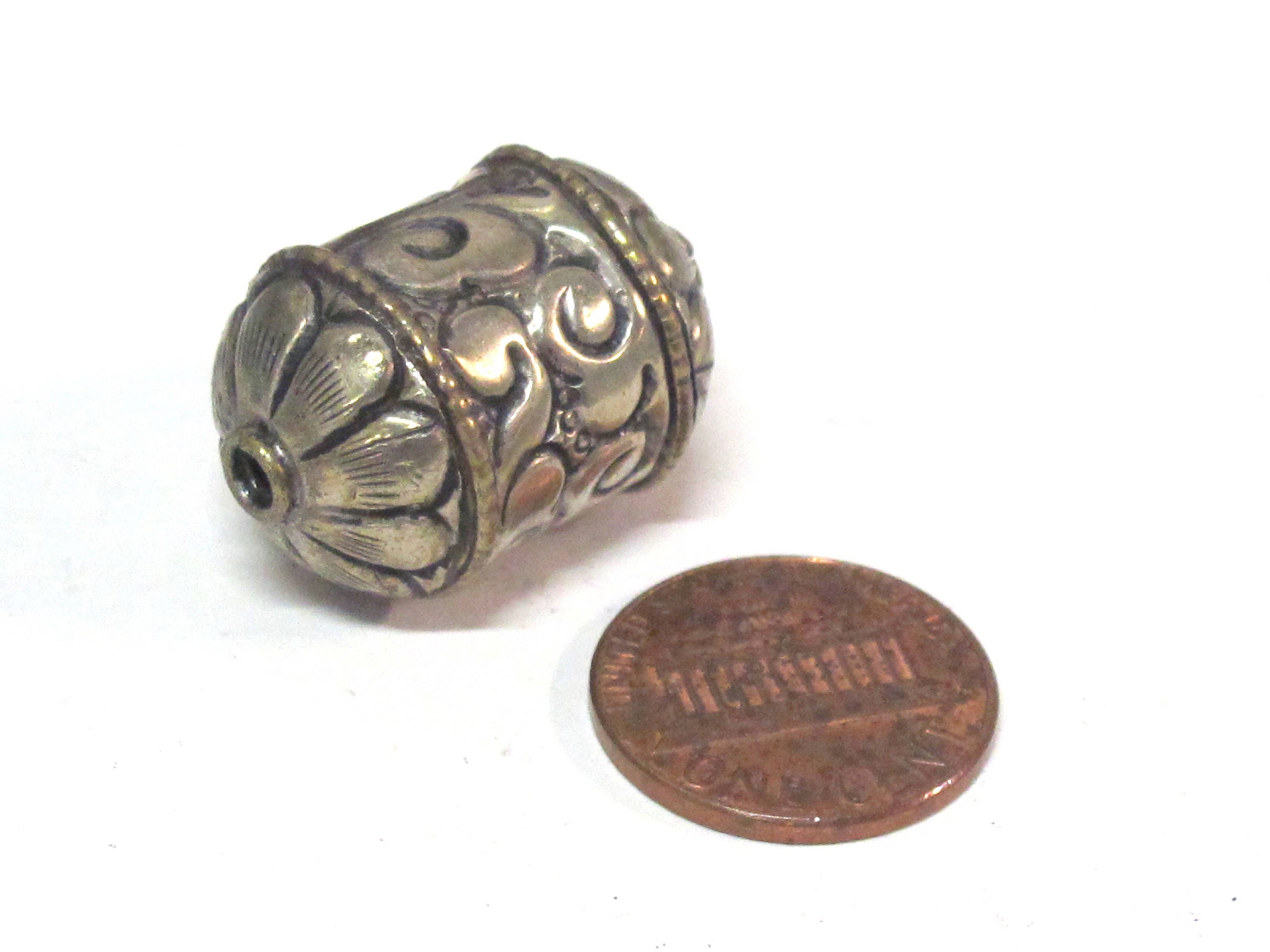 1 BEAD - Beautiful cylinder scroll shape Tibetan silver repousse lotus floral design bead- BD942B