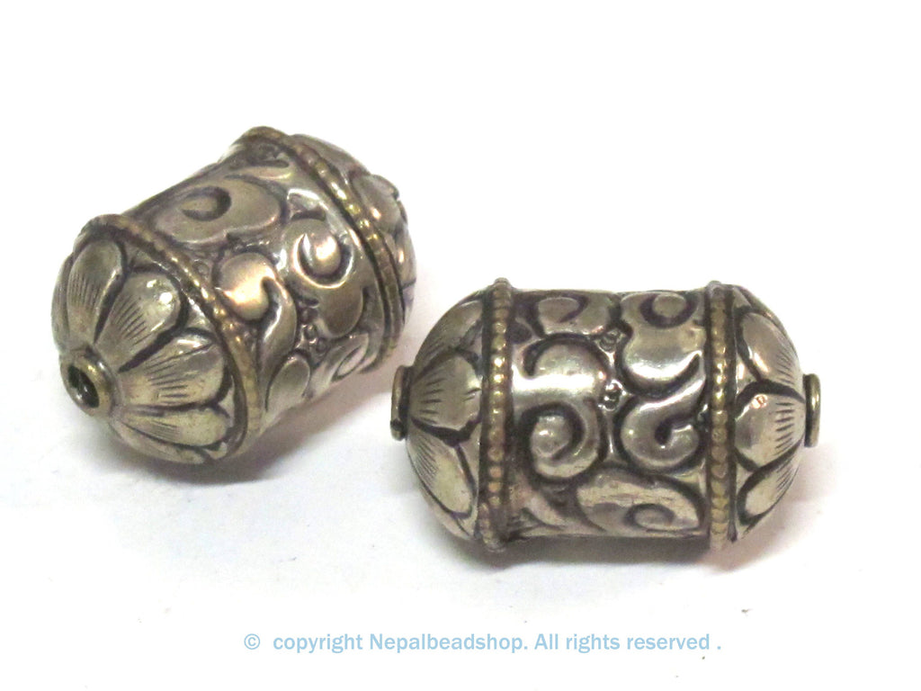 1 BEAD - Beautiful cylinder scroll shape Tibetan silver repousse lotus floral design bead- BD942B