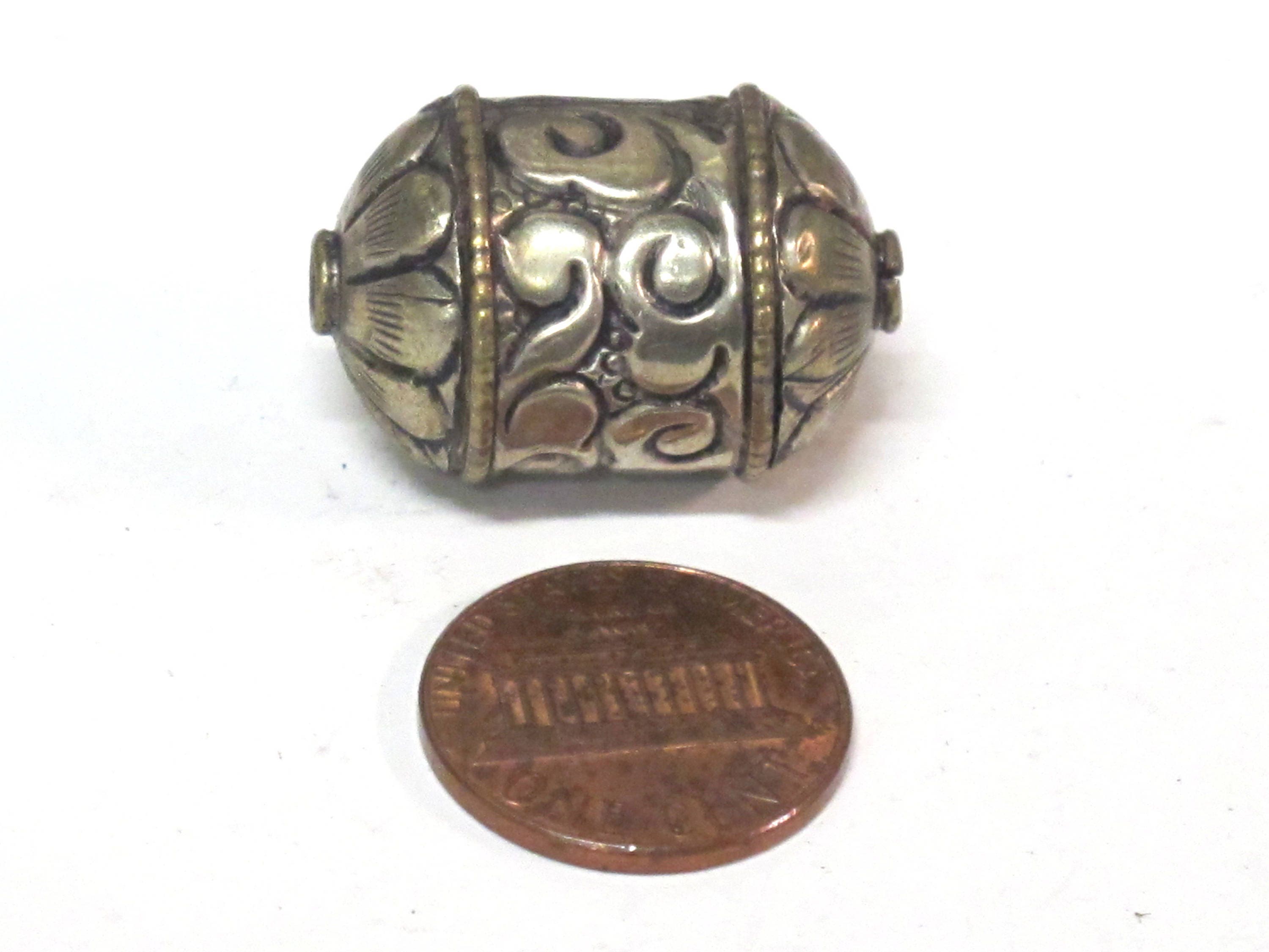 1 BEAD - Beautiful cylinder scroll shape Tibetan silver repousse lotus floral design bead- BD942B