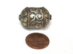 1 BEAD - Beautiful cylinder scroll shape Tibetan silver repousse lotus floral design bead- BD942B