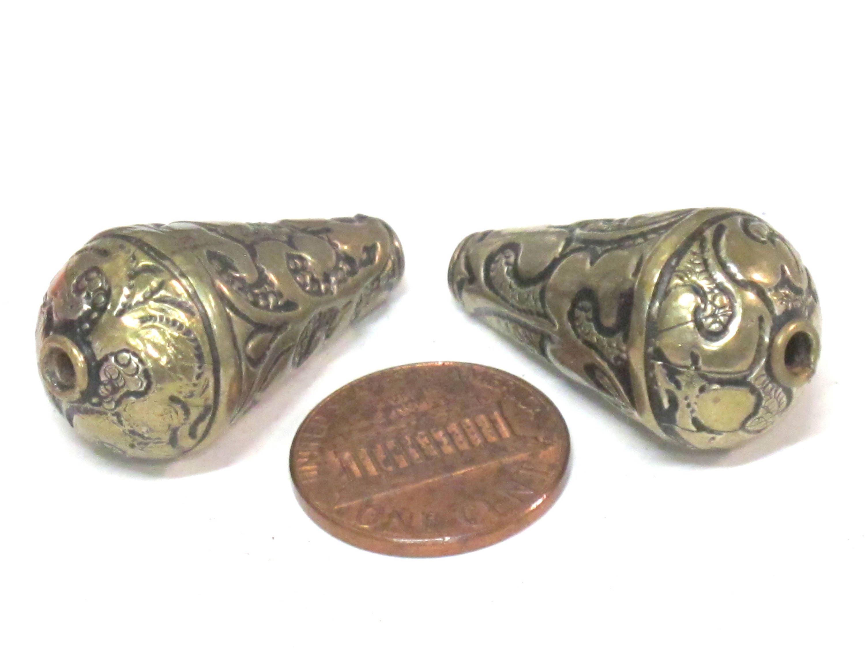 1 BEAD - Beautiful teardrop cone shape Tibetan repousse floral design silver brass tone bead- BD942C