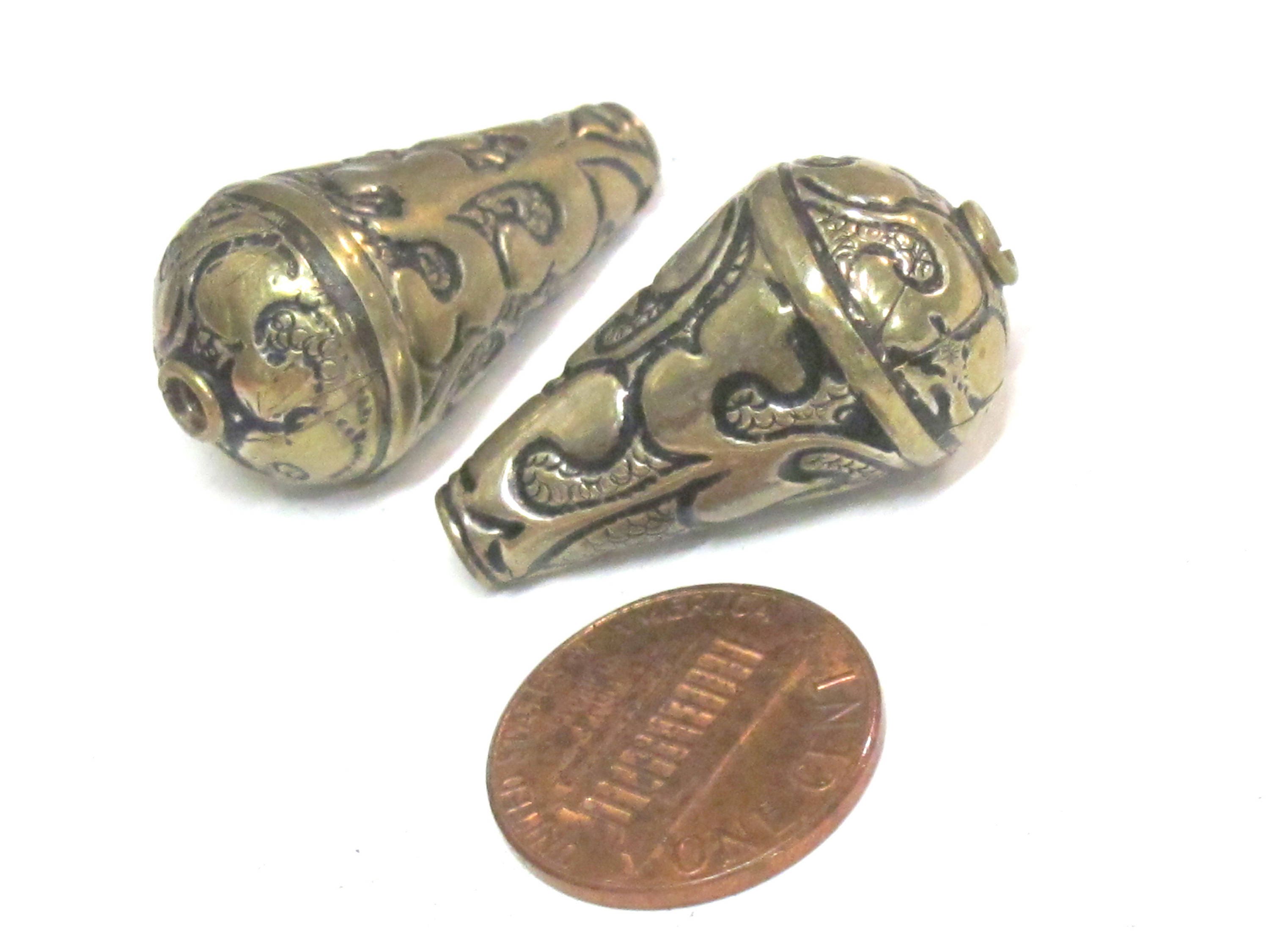 1 BEAD - Beautiful teardrop cone shape Tibetan repousse floral design silver brass tone bead- BD942C