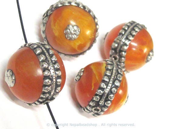 1 Bead - Tibetan silver encased thick copal Resin focal pendant bead - BD590Bx