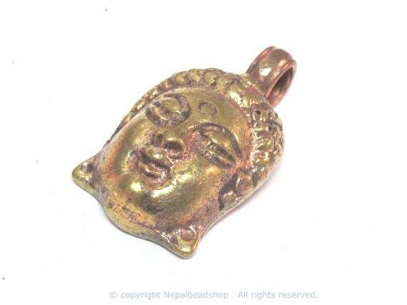 1 Pendant - Tibetan solid brass Buddha face pendant with mix coppery antiqued finish reverse side floral carving from Nepal - PM462C