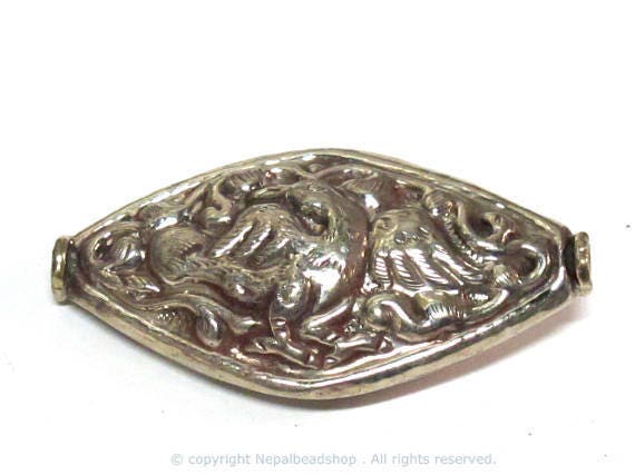 1 Bead - Dual sided large size Tibetan silver eagle phoenix bird carving repousse bead from Nepal - BD221B
