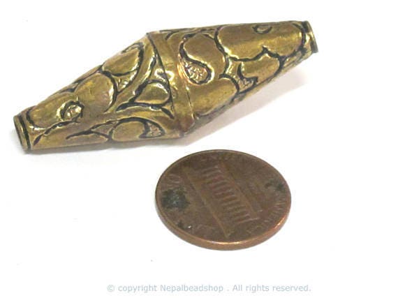 1 Bead - Beautiful Large Long bicone shape Tibetan brass antiqued golden finish floral repousse beads from Nepal - BD214B