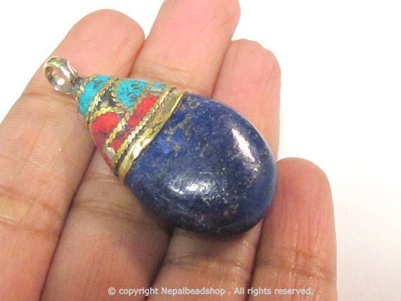 1 Pendant - Beautiful Ethnic Nepal Tibetan lapis drop pendant with brass bail turquoise inlay -- PM579