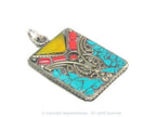 3 pieces - Rectangular square shape Tibetan silver charm pendant with mosaic turquoise coral copal inlay - PM573A