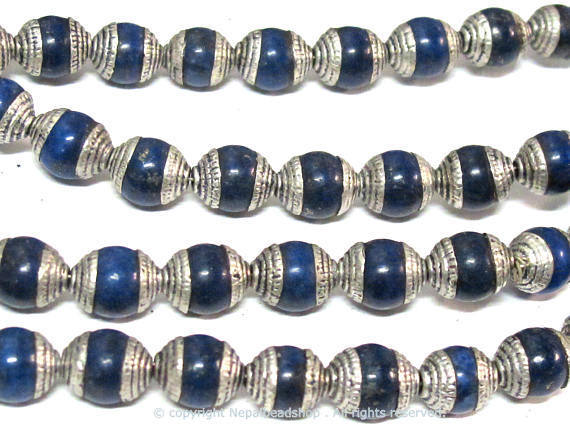 4 Beads - Tibetan silver color capped lapis gemstone beads from Nepal 7 - 8 mm x 9 - 10 mm - BD773D