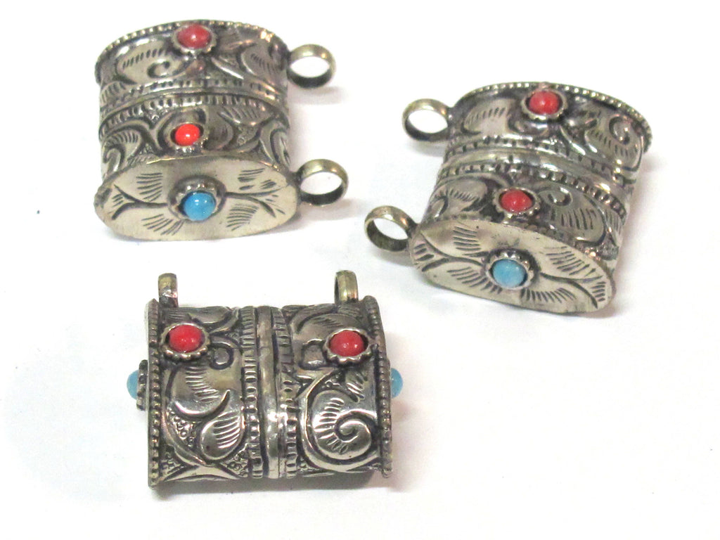 1 Tibetan pendant-Ethnic nepal pendant Tibetan silver color floral repousse double bail tribal pendant Nepal - PM595