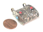1 Tibetan pendant-Ethnic nepal pendant Tibetan silver color floral repousse double bail tribal pendant Nepal - PM595
