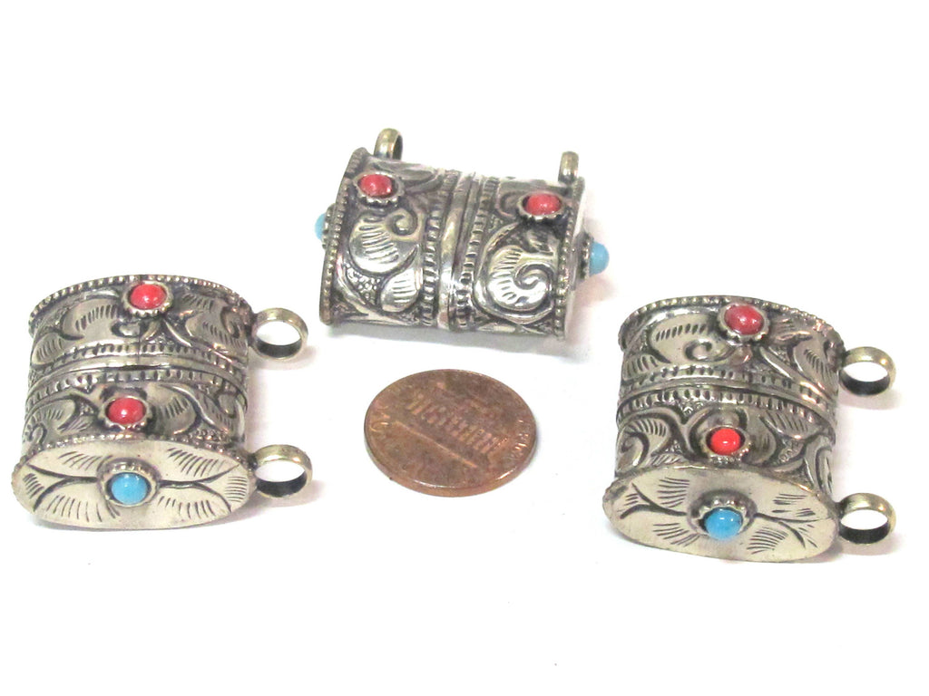 1 Tibetan pendant-Ethnic nepal pendant Tibetan silver color floral repousse double bail tribal pendant Nepal - PM595