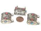 1 Tibetan pendant-Ethnic nepal pendant Tibetan silver color floral repousse double bail tribal pendant Nepal - PM595
