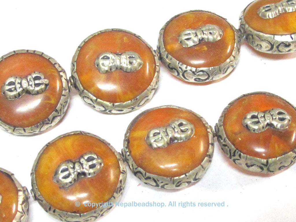 1 Bead - Reversible Large size Tibetan silver encased copal resin dorje vajra symbol bead - BD524B