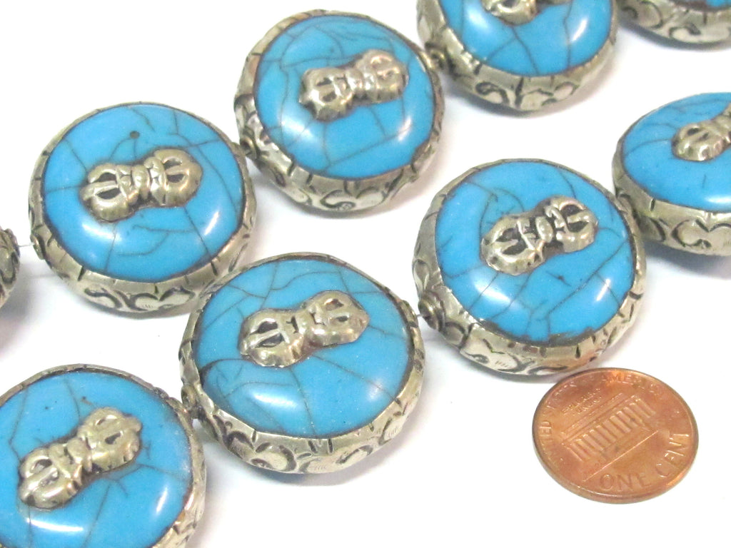 1 Bead - Tibetan bead Reversible Large size Tibetan silver encased blue color crackle resin dorje vajra symbol bead - BD524D