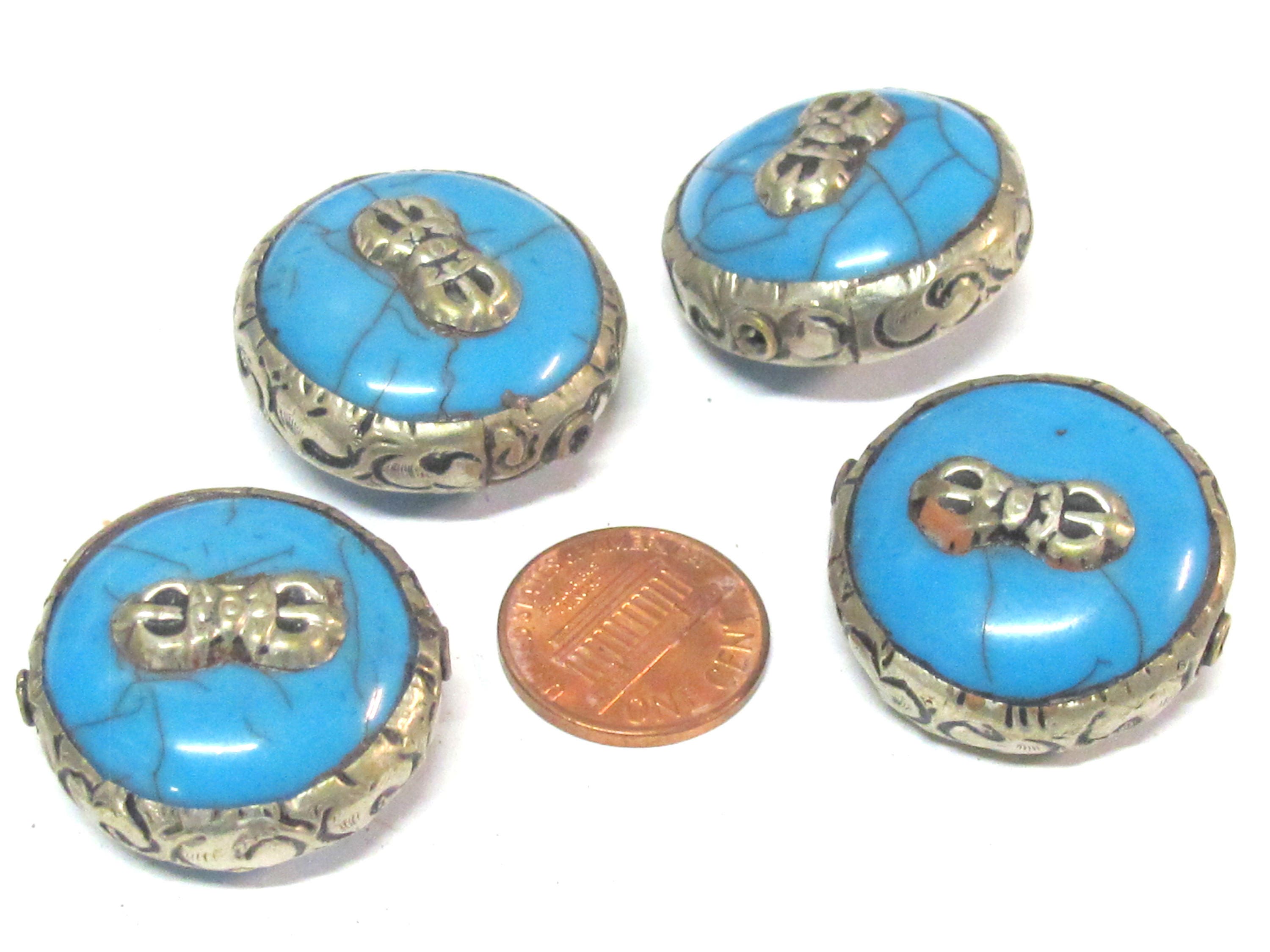 1 Bead - Tibetan bead Reversible Large size Tibetan silver encased blue color crackle resin dorje vajra symbol bead - BD524D