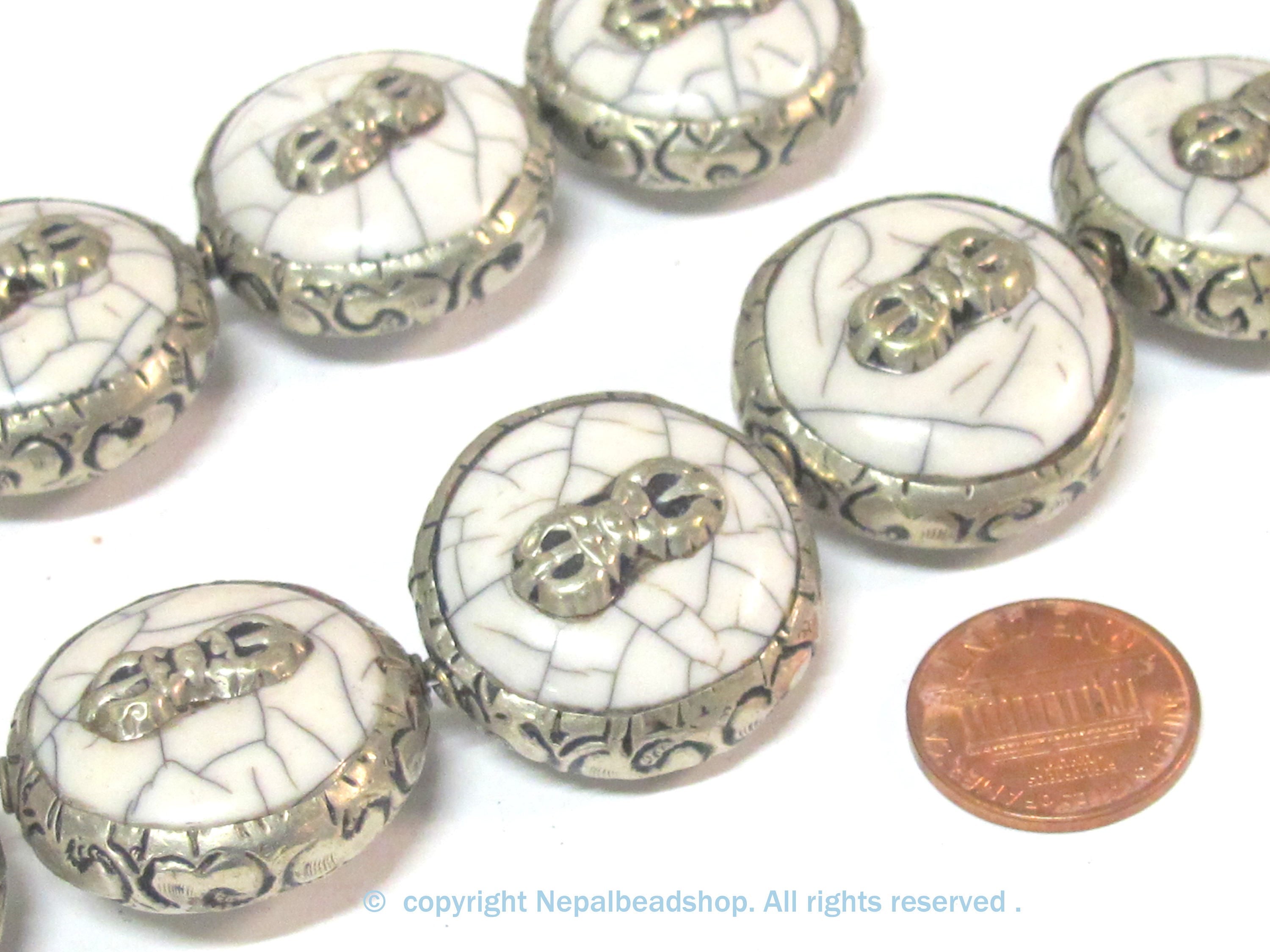 1 Bead - Reversible Large size Tibetan silver encased white cream color crackle resin dorje vajra symbol bead - BD524E