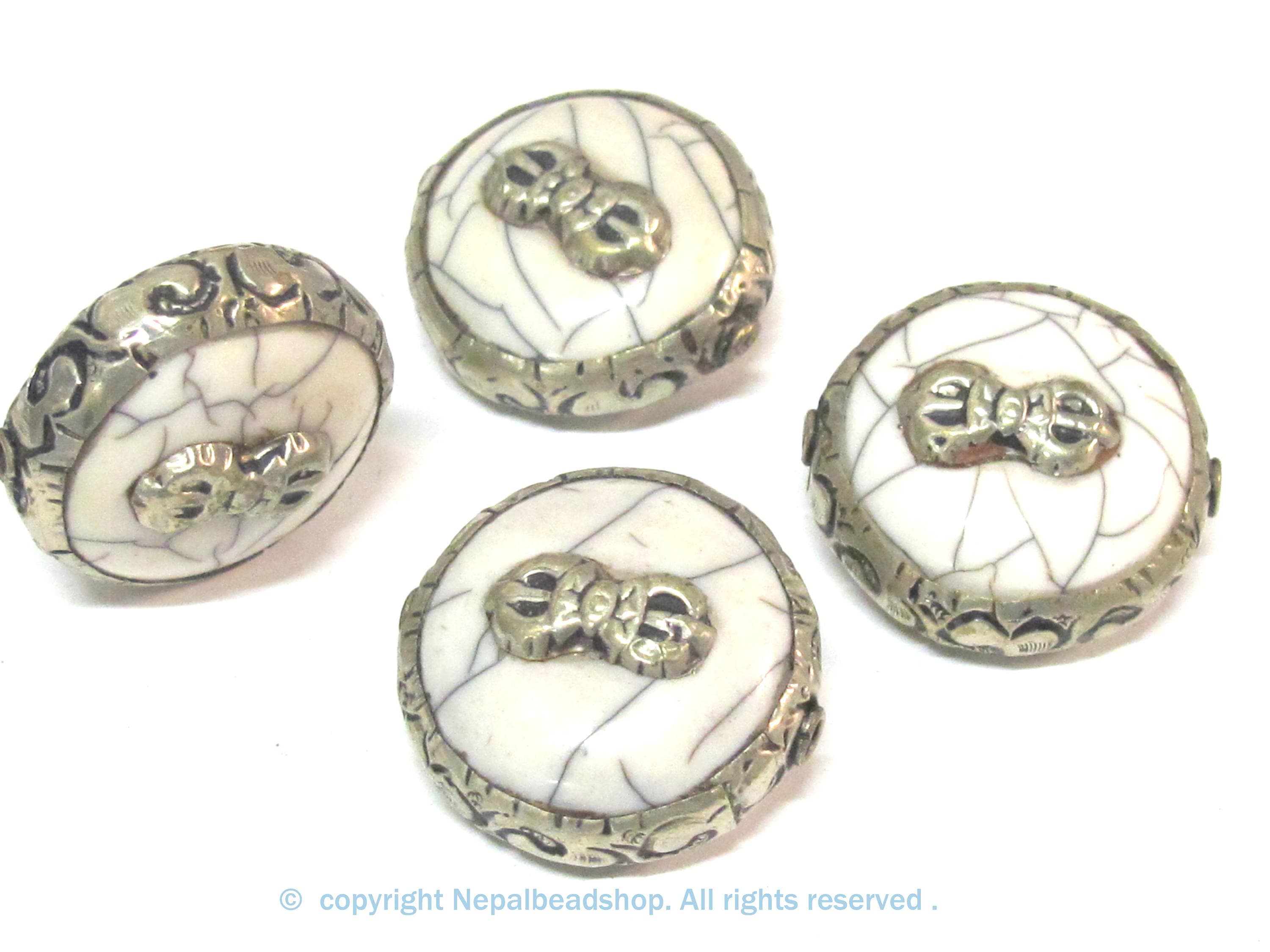 1 Bead - Reversible Large size Tibetan silver encased white cream color crackle resin dorje vajra symbol bead - BD524E