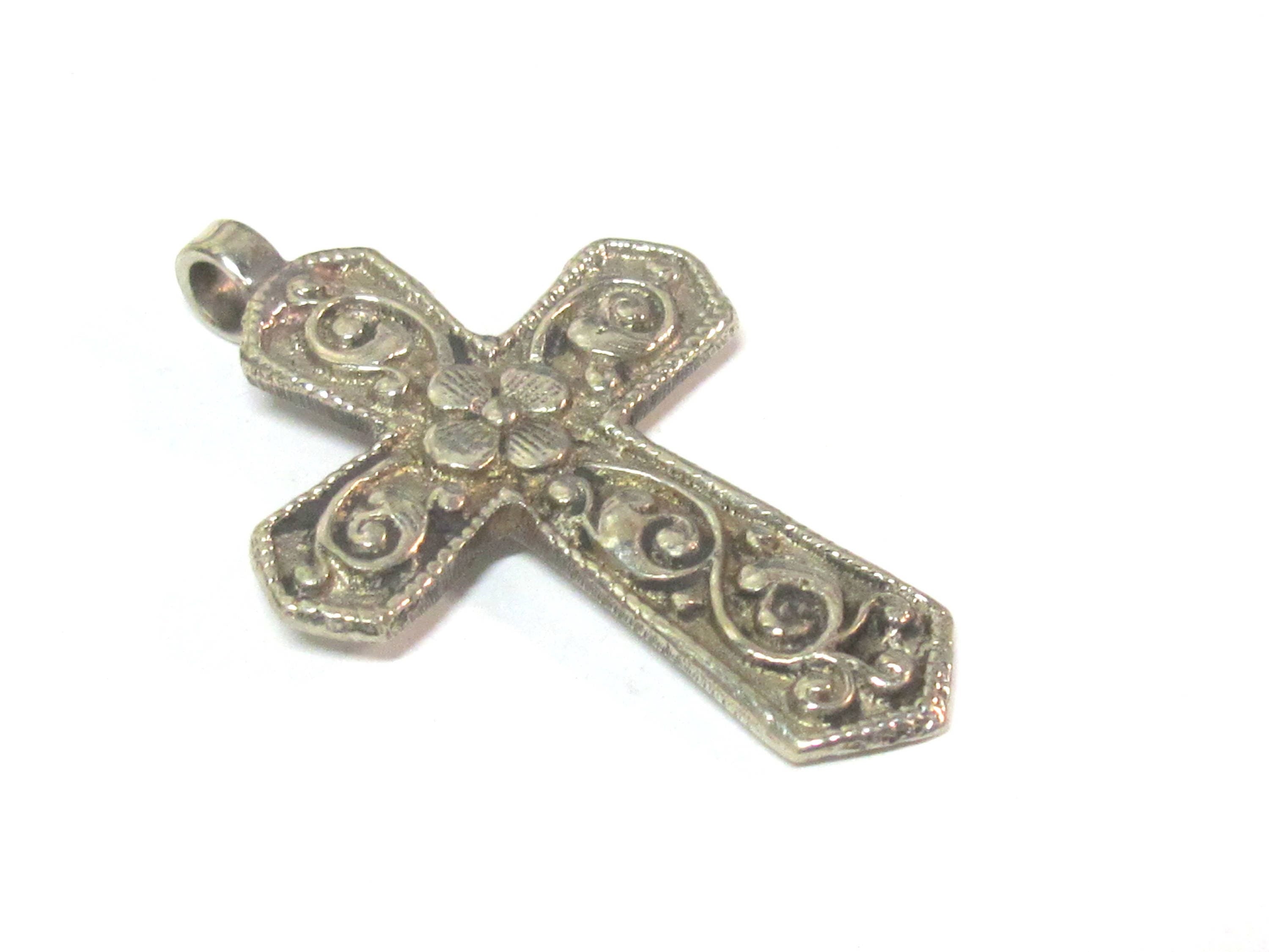 Reversible Tibetan lotus floral design cross pendant from Nepal -- PM596B