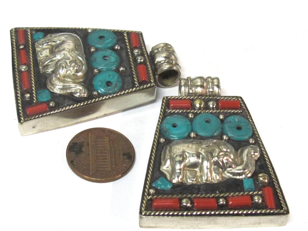 Tibetan Elephant Pendant | Trapezoid Shape Decorative Charm | Red & Blue Inlay Design | Antiqued Silver Finish Alloy | Nepal PM283