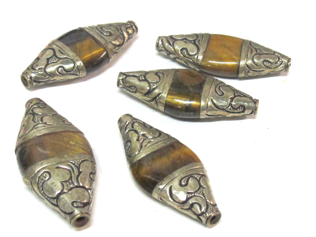 1 BEAD - Tibetan silver color capped Tigers eye bicone shape gemstone bead - BD821C