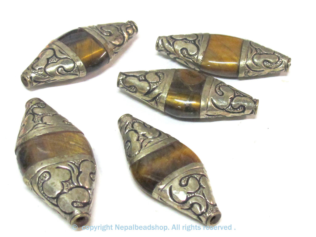 1 BEAD - Tibetan silver color capped Tigers eye bicone shape gemstone bead - BD821C