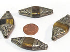 1 BEAD - Tibetan silver color capped Tigers eye bicone shape gemstone bead - BD821C