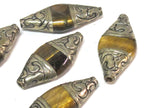 1 BEAD - Tibetan silver color capped Tigers eye bicone shape gemstone bead - BD821C