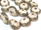 1 Bead - Round Tibetan white crackle Resin bead with brass turquoise and coral inlay - BD969B