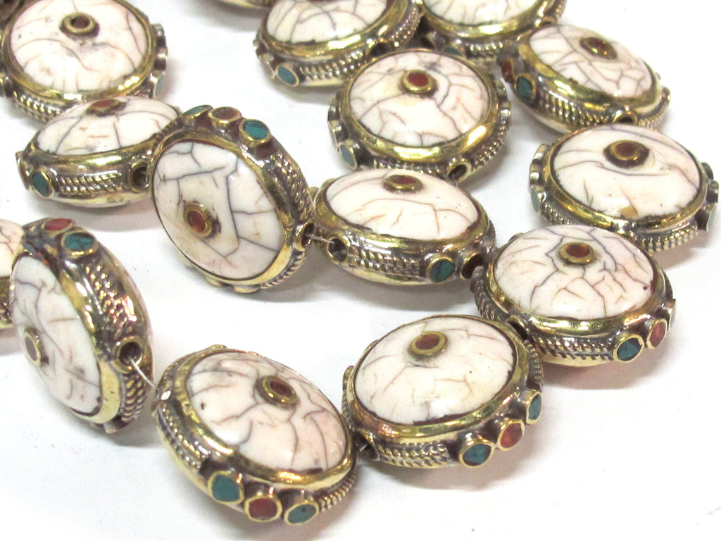 1 Bead - Round Tibetan white crackle Resin bead with brass turquoise and coral inlay - BD969B
