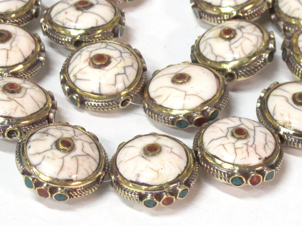1 Bead - Round Tibetan white crackle Resin bead with brass turquoise and coral inlay - BD969B