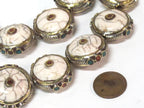 1 Bead - Round Tibetan white crackle Resin bead with brass turquoise and coral inlay - BD969B
