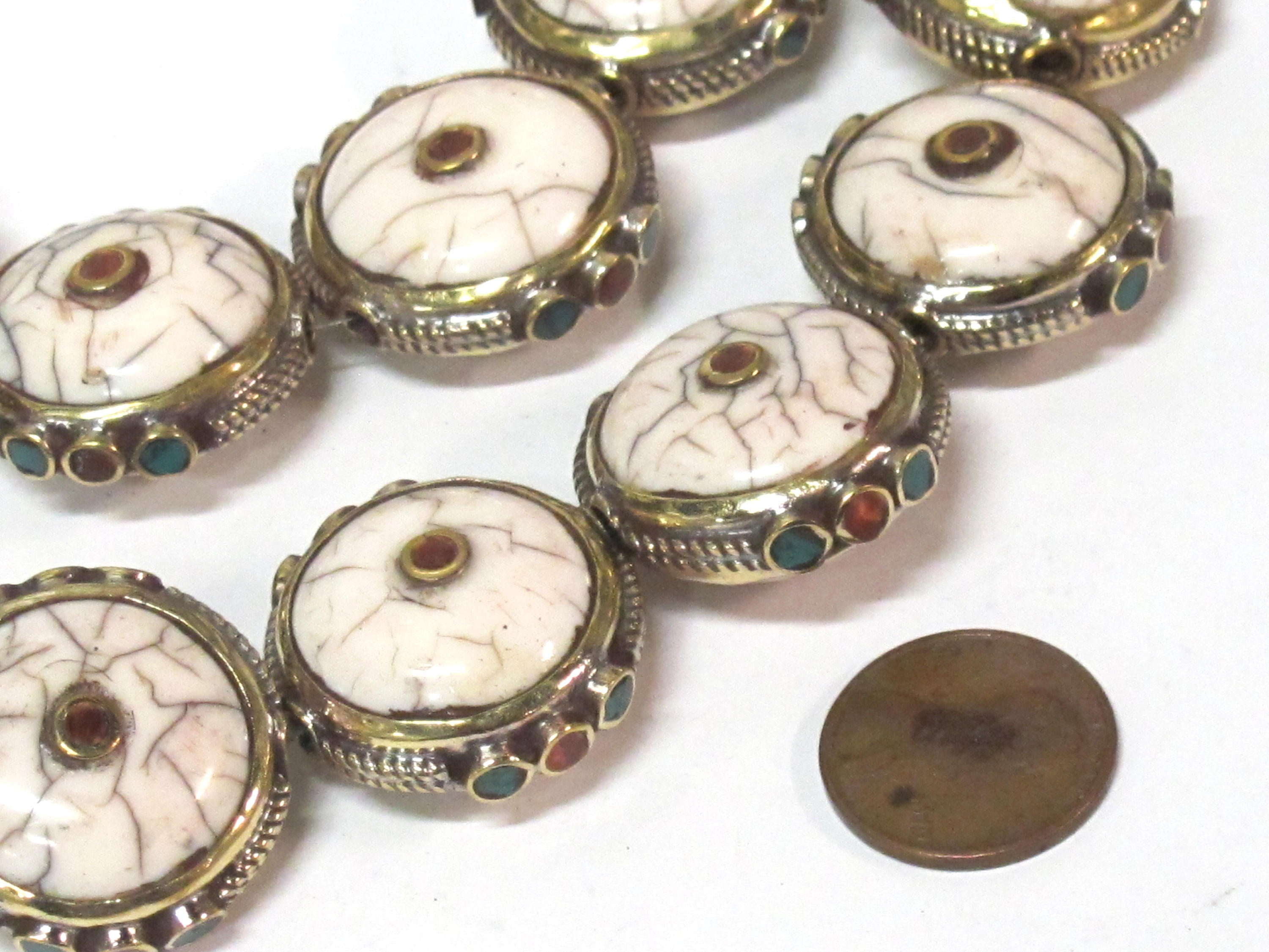 1 Bead - Round Tibetan white crackle Resin bead with brass turquoise and coral inlay - BD969B