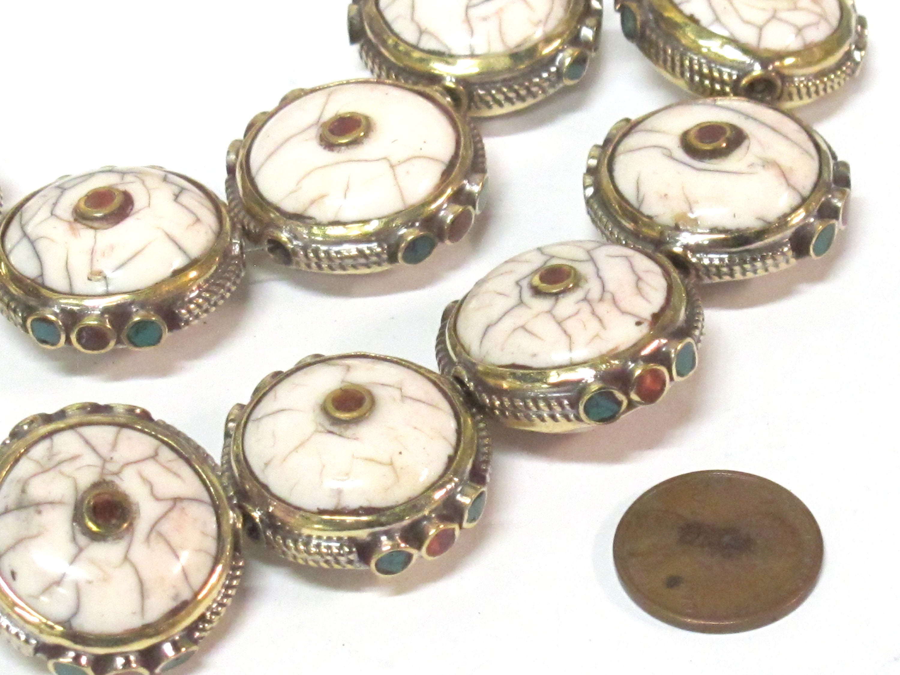 1 Bead - Round Tibetan white crackle Resin bead with brass turquoise and coral inlay - BD969B