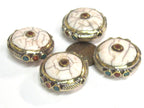1 Bead - Round Tibetan white crackle Resin bead with brass turquoise and coral inlay - BD969B
