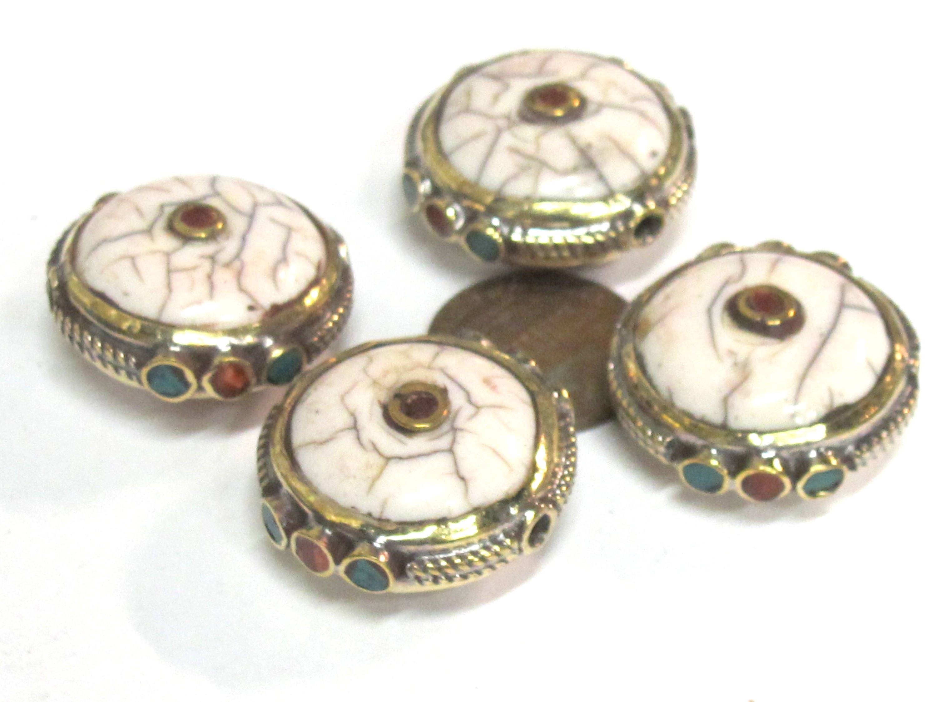 1 Bead - Round Tibetan white crackle Resin bead with brass turquoise and coral inlay - BD969B