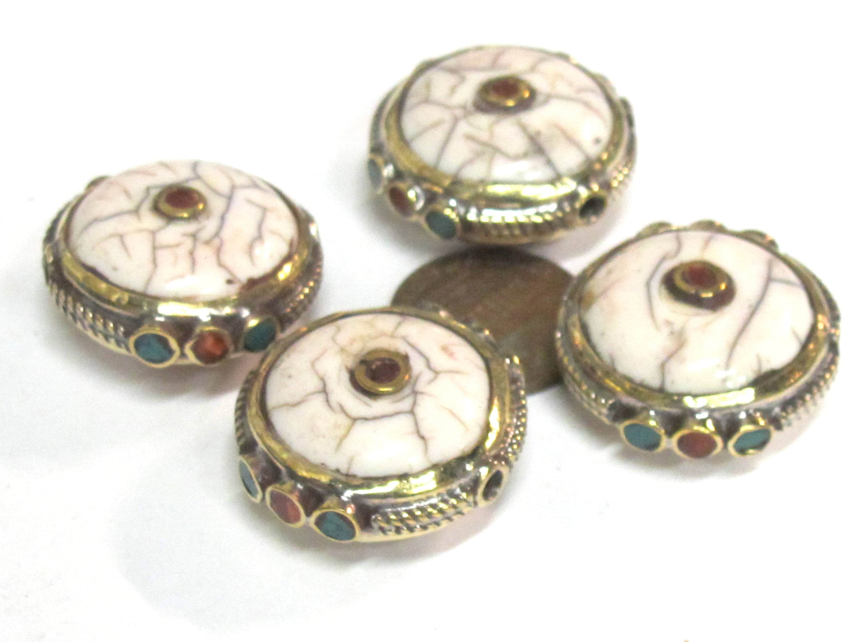 1 Bead - Round Tibetan white crackle Resin bead with brass turquoise and coral inlay - BD969B