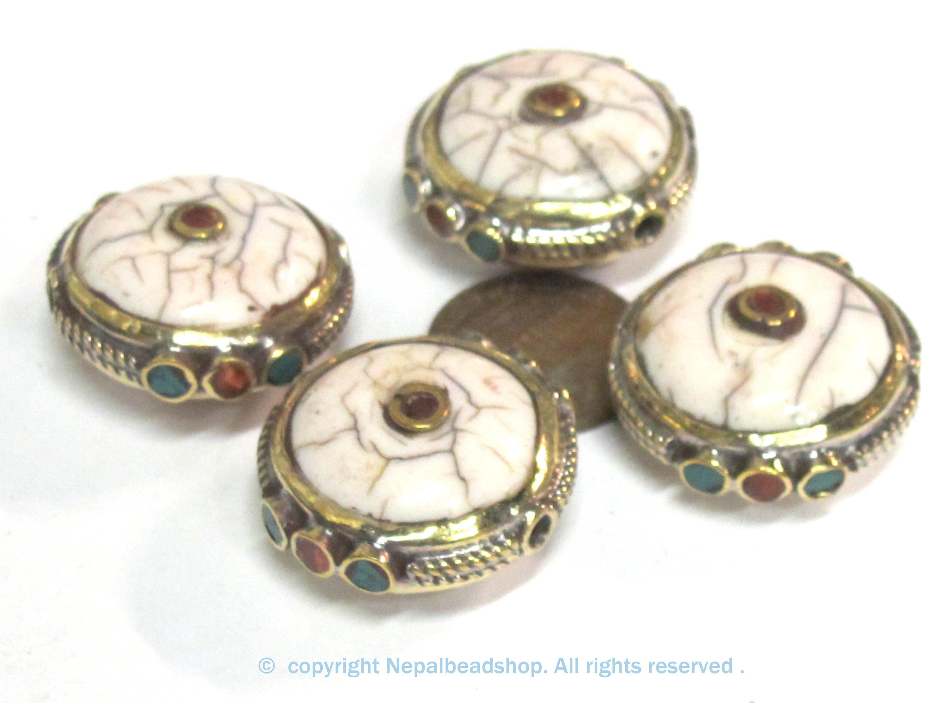 1 Bead - Round Tibetan white crackle Resin bead with brass turquoise and coral inlay - BD969B