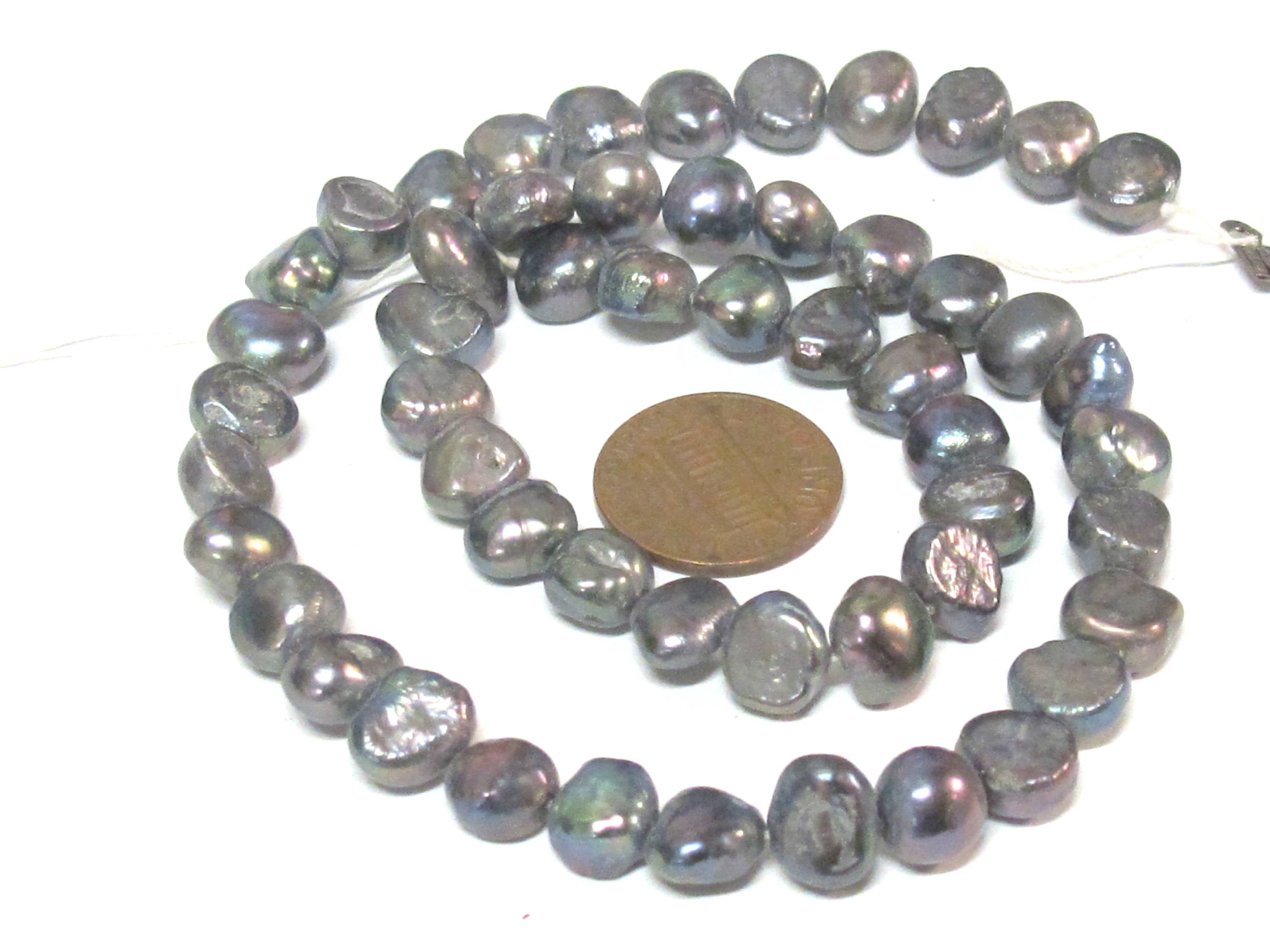 1 Full strand - Peacock Grey color irridescent freshwater cultured pearl beads 15 inches center hole drilled - PL026B