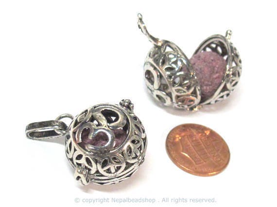 1 pendant - Tibetan om with peace symbol cage diffuser pendant with 1 lava bead - PM572
